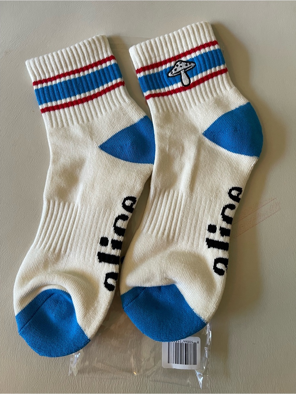 Alice in Wonderland “shroom”  White Crew Socks with Blue Heel & Toe NWT